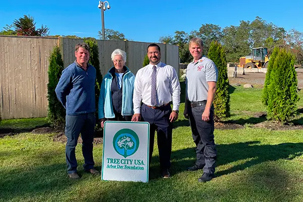 Nahant Tree City USA ceremony with Selectman Josh Antrim, SWIM Executive Director VI Patek, Town Administrator Antonio Barletta, and Fire Chief Austin Antrim.